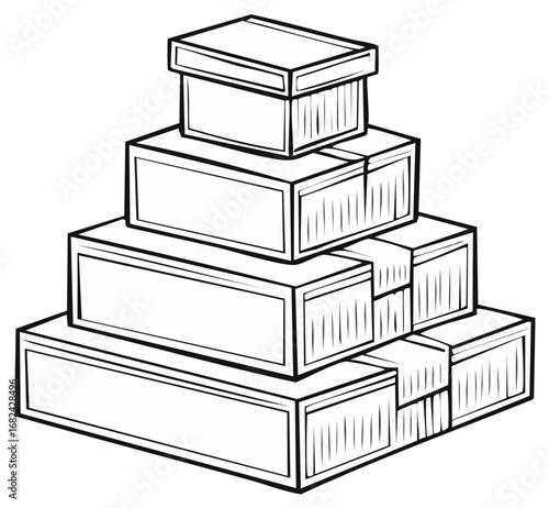 Pyramid stack of shoeboxes in a simple black and white line art illustration
