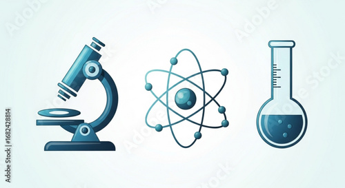 Science lab equipment vector illustration: microscope, atom model and flask for scientific research