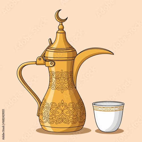 Elegant golden dallah with ornate cup for cultural coffee traditions