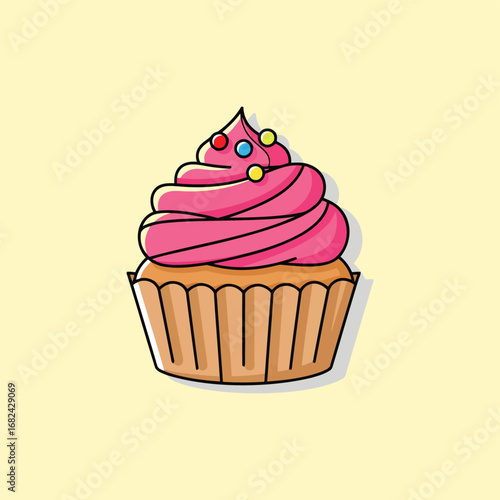 Delicious pink frosted cupcake with colorful sprinkles, perfect treat