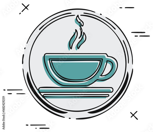 Cartoonish teacup with steam in a circular frame design