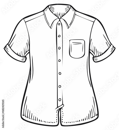 Short Sleeve Shirt Illustration, Collared Button Down Top with Pocket, Outline Drawing