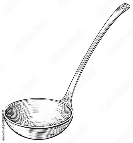 Hand drawn kitchen ladle sketch vintage style serving utensil illustration