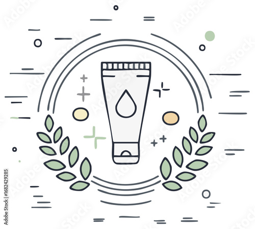 Skincare product tube with leaf branches and decorative elements illustration