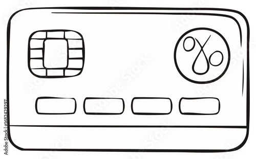 Doodle outline of a payment card with EMV chip and percentage discount symbol