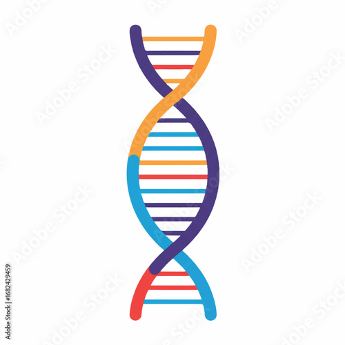 A vibrant 2D flat vector illustration showcases a clean DNA double helix structure with solid colors on a pure white background.