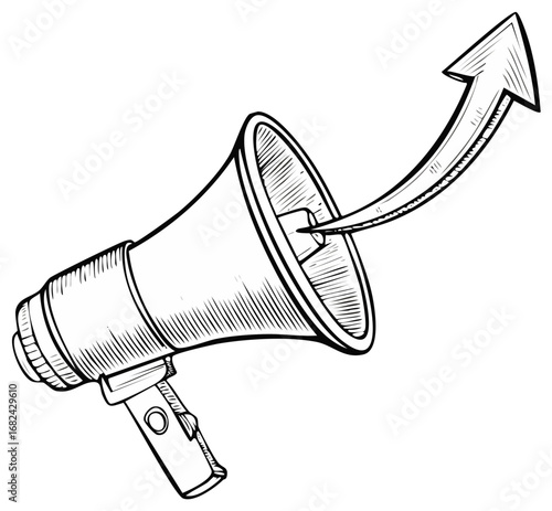 Hand drawn megaphone amplifying a message of growth with an upward arrow sketch