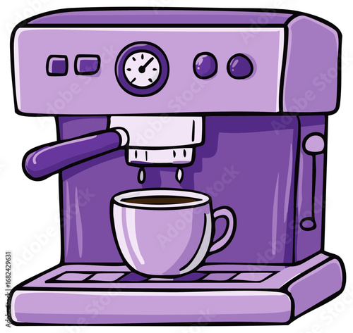 Purple coffee machine making hot espresso drink into cup in the morning light illustration
