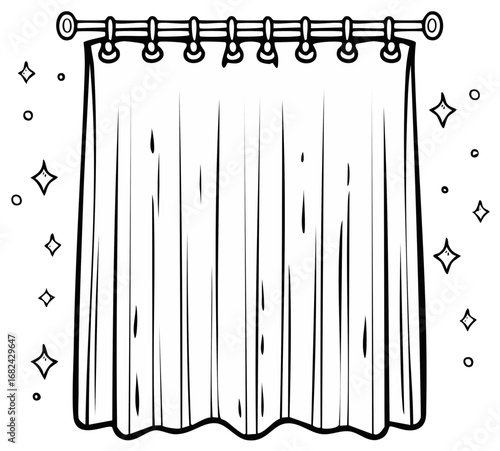 Cartoon closed curtain illustration with magical sparkles and hanging rod