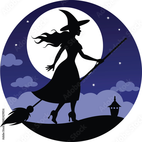 Witch silhouette holding broomstick against moon
