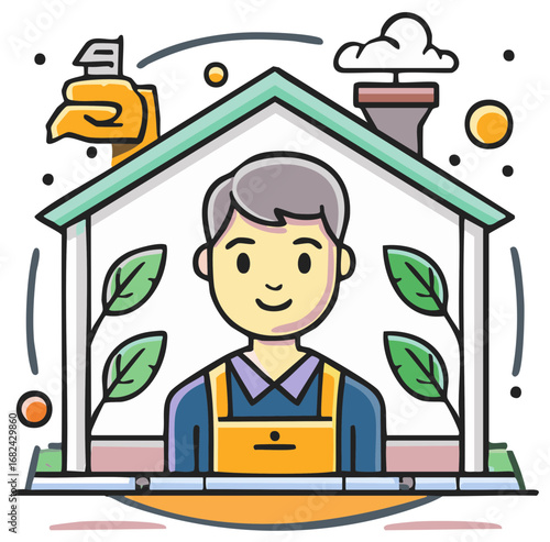 Smiling man inside cartoon house, leaves, chimney, sunny day, vector illustration