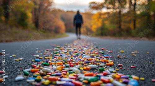 Person Walking Away on a Pill Strewed Autumn Road