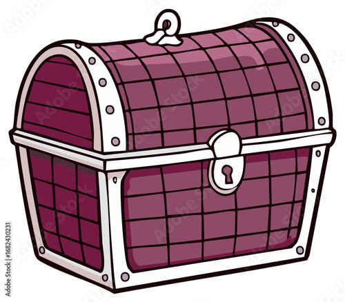 Ornate Cartoon Chest Illustration With Dark Pink Gridded Pattern and Silver Trim