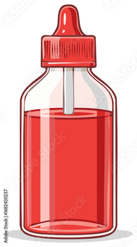 Cartoon illustration of red liquid medicine in clear bottle with dropper applicator