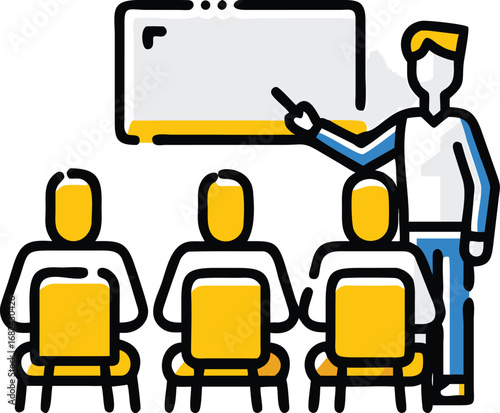 Vector art of teacher giving a presentation to students in a classroom