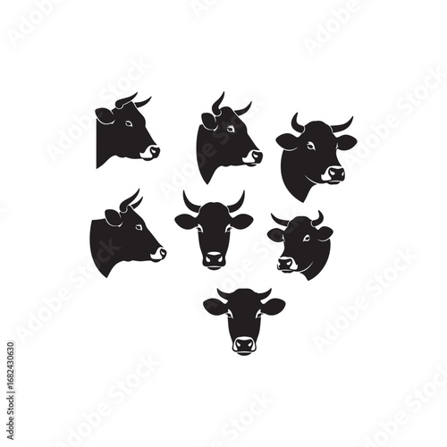 Cow head set, farm cow head vector set