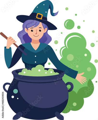 Witch stirring potion inside bubbling cauldron