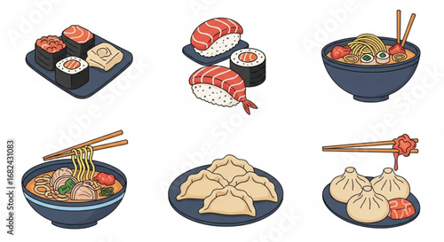 Delicious asian food illustration featuring sushi ramen dumplings and more for restaurant and food blog use