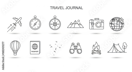 Travel journal icons set with plane compass camera binoculars mountains passport tent and campfire outline vector