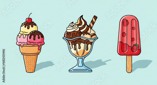 Delicious summer ice cream cone sundae and popsicle vector illustration for dessert shop and menu design