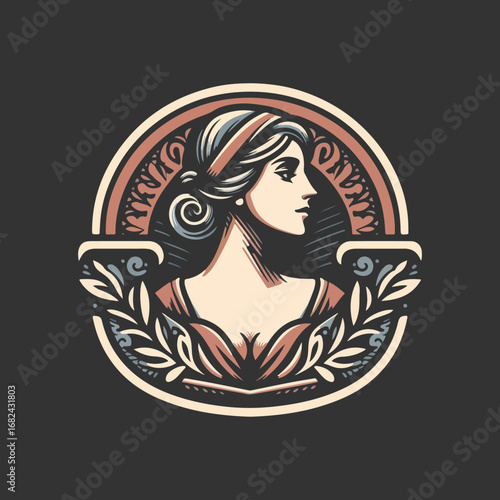 Elegant woman profile in circular emblem design, vintage style.