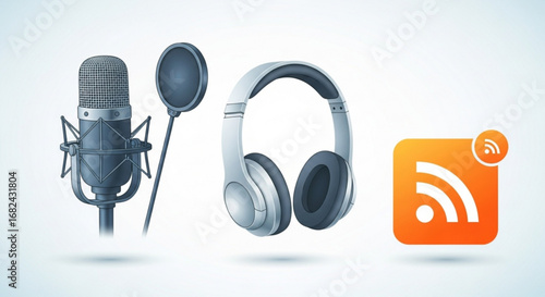 Podcast studio equipment microphone headphones and rss feed icon for audio recording and broadcasting