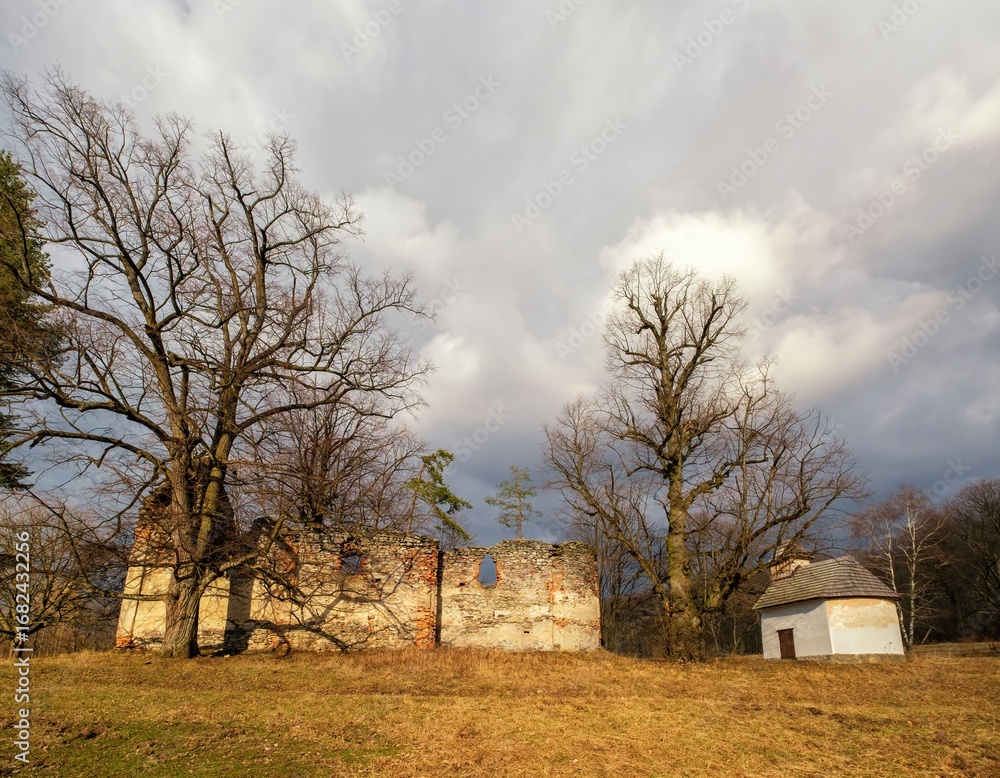 Fototapeta premium Atmospheric scene with the ruins of a historical building next to a small white chapel in a rural landscape. Captured during late autumn or early spring in the countryside of Slovakia.