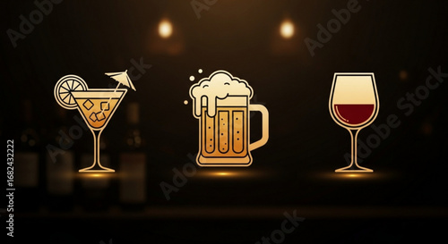 Golden cocktail beer and wine vector illustration for bar pub restaurant and beverage industry design 100
