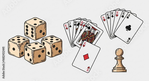 Casino games illustration featuring dice, playing cards, and chess pawn for gambling and game design use