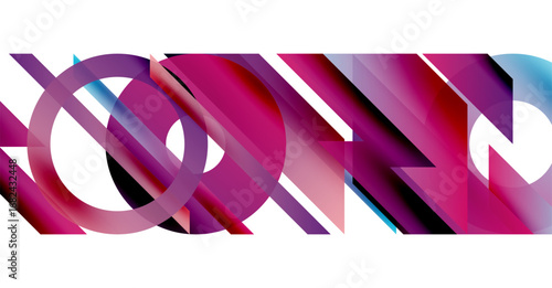 Abstract geometric composition. Vivid magenta, purple hues blend with cyan. Shapes overlap creating dynamic visual effect.
