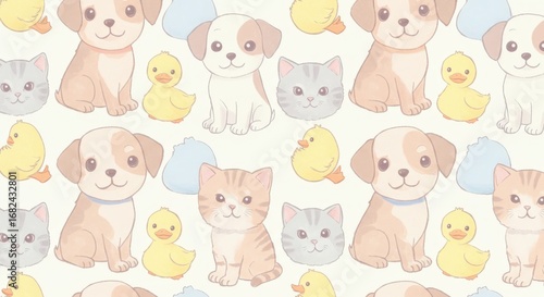 Cute Cartoon Animals Seamless Pattern: Puppies Kittens Ducks.