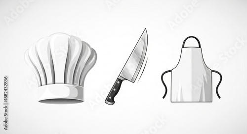 Chef hat knife apron kitchen cooking culinary restaurant food preparation professional equipment uniform tools