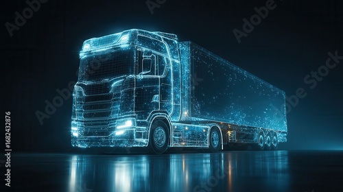 Futuristic illuminated semi truck made of glowing blue digital data on a dark background