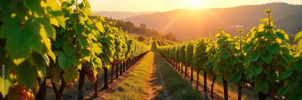 Fototapeta premium Rows of lush grapevines stretch across a sun-drenched hillside, heavy with ripening fruit, promising a bountiful harvest The picturesque vineyard is bathed in warm, golden light , scenic, farming
