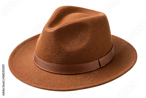 Brown felt fedora hat with leather band, classic men's fashion accessory for formal occasions, isolated on a transparent background