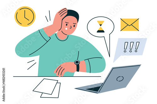 Flat cartoon vector illustration of office worker with deadline anxiety. Man at laptop stressed by urgent project, holding head. Concept of time pressure, workplace stress, business task, burnout