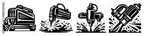 Modern Minimalist Water Jet Cutter Icon, Flat Silhouette of an Industrial Cutting Machine Vector for Manufacturing Illustration Design