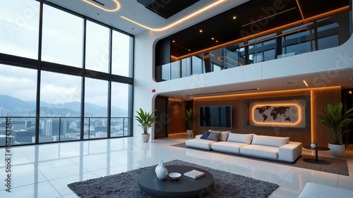 Modern luxury living room featuring large windows and panoramic city view, white sofa, elegant furniture, indoor plants, cozy rug, and warm lighting