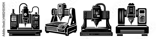 Modern Minimalist CNC Machine Icon, Flat Silhouette of an Industrial Equipment Vector for Manufacturing Illustration Design