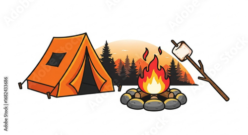 Camping adventure illustration with tent campfire marshmallow and forest scene for outdoor activities