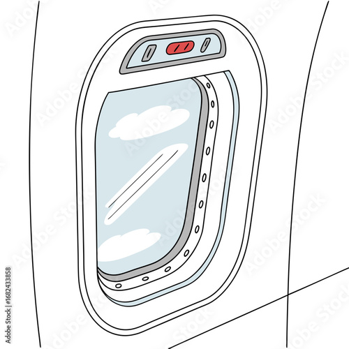 Airplane window with clouds and controls blue