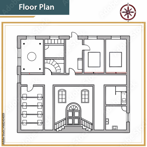 Architectural floor plan with rooms and staircase architectural drawing