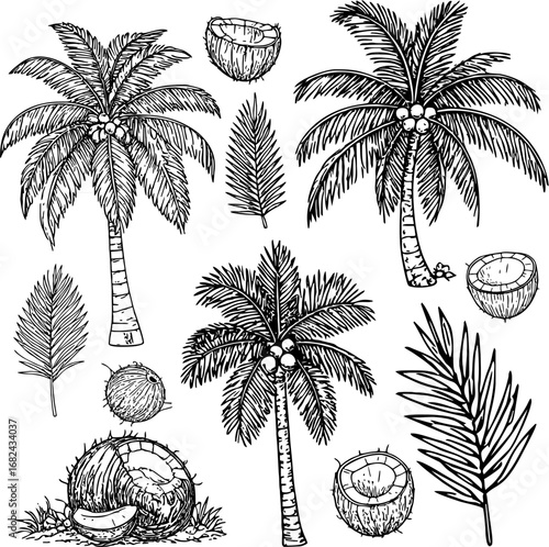 Coconut palm tree with tropical leaves and coconut fruit line art illustration set perfect for summer design beach decoration exotic botanical patterns and vintage tropical projects