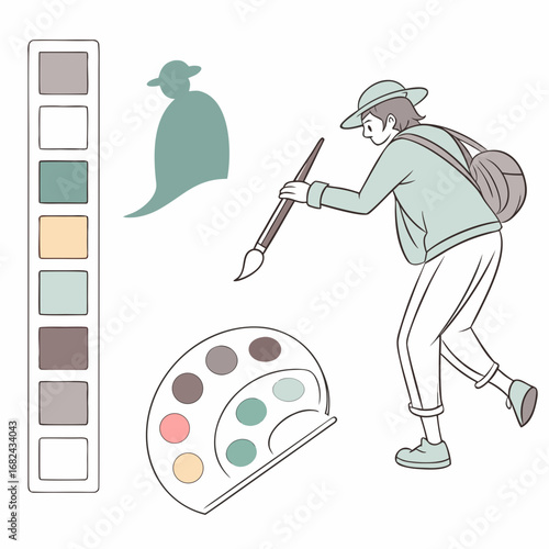 Artist with palette and brush painting colors