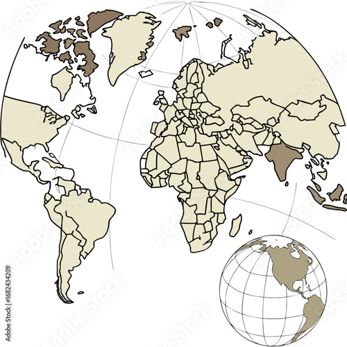 Beige and brown continents on white background world map