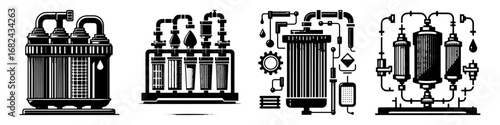 Modern Minimalist Filter System Icon, Flat Silhouette of an Industrial Purification Device Vector for Mechanical Illustration Design