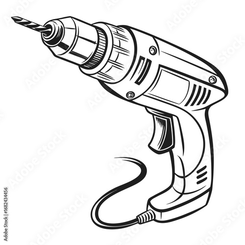 Black and white drill with bit power tool drilling