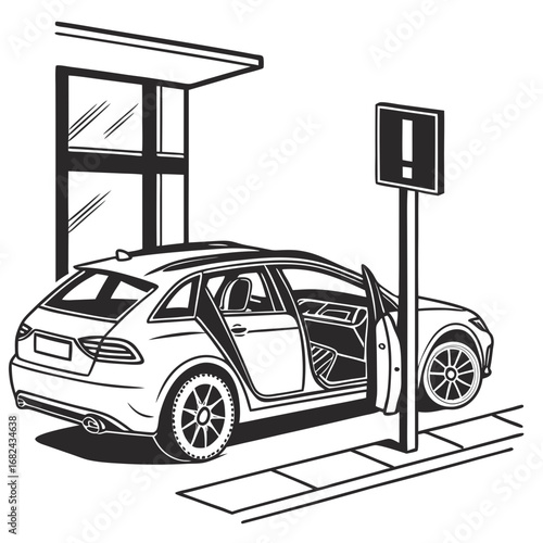 Black car parked by building with open doors and sign