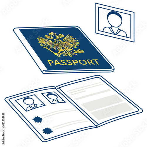 Blue passport open and closed with photo travel document