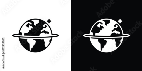 Black and White Earth Icon with Ring Around and Star in Space Isolated